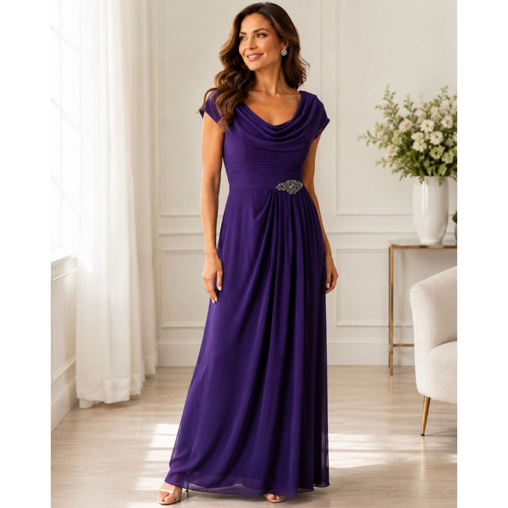Alex Evenings Purple Crepe Cowl Neck Ruched Pleated Silver Brooch Gown 8 Petite